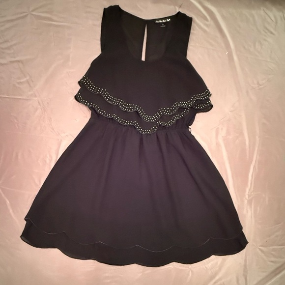 Vintage Y2K Black Sleeveless Scalloped Edge Tiered Mini Dress w/ Beading Small - Picture 3 of 12